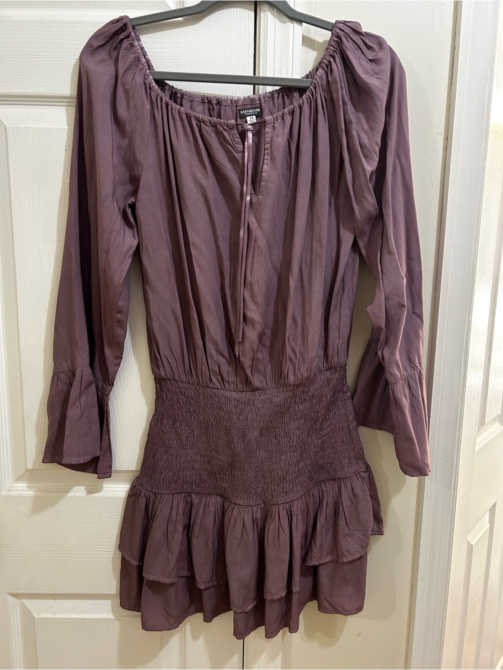 Earthbound Trading Co Boho Smocked Ruffled Tier Peasant Mini Dress Purple Medium